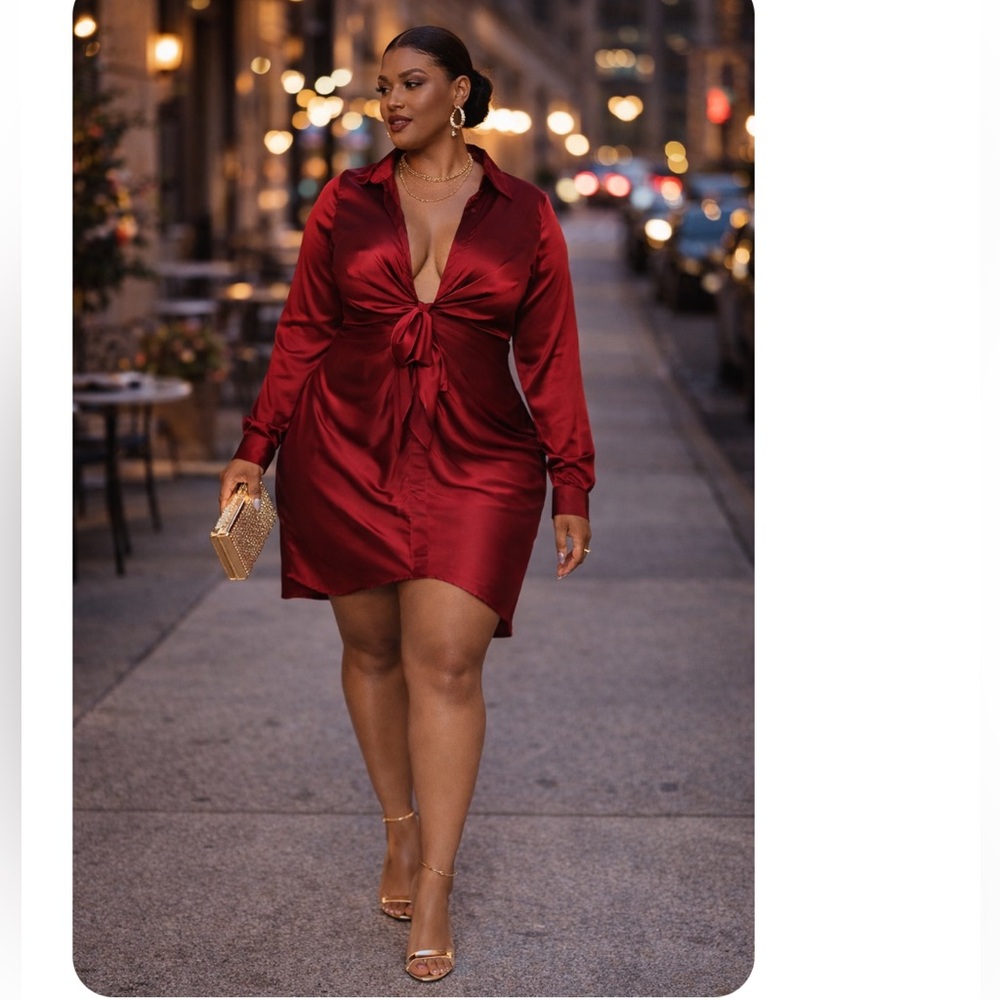 Plus 3X Fashion Nova Burgandy Wine color deep cut neckline satin dress